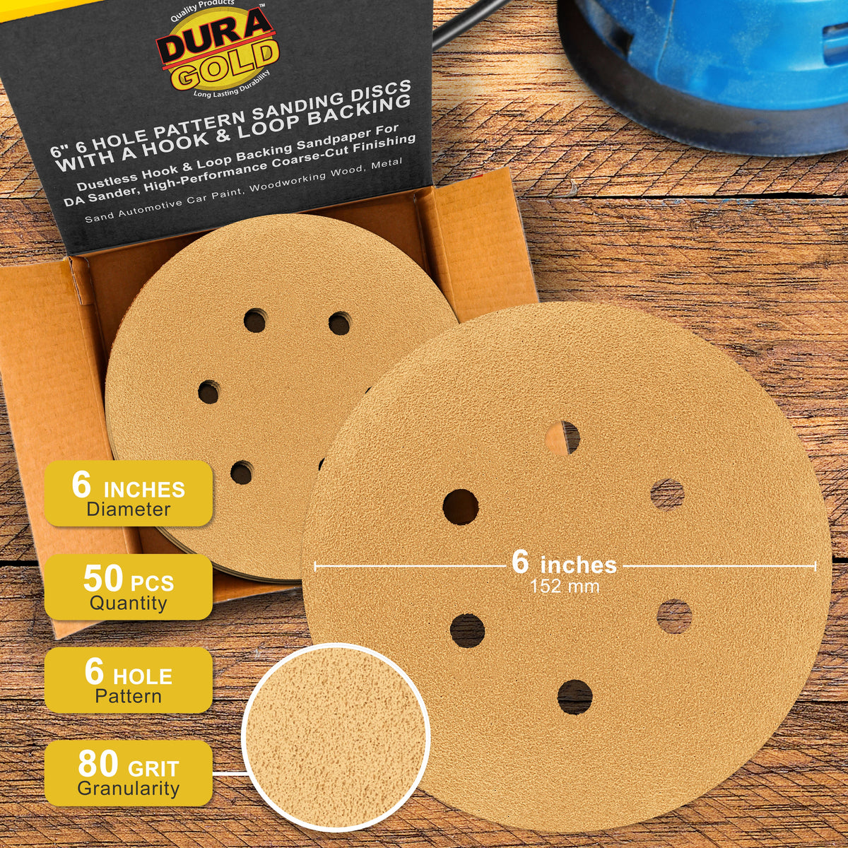 80 Grit - 6" Gold Hook & Loop 6-Hole Pattern Sanding Discs for DA Sanders - Box of 50