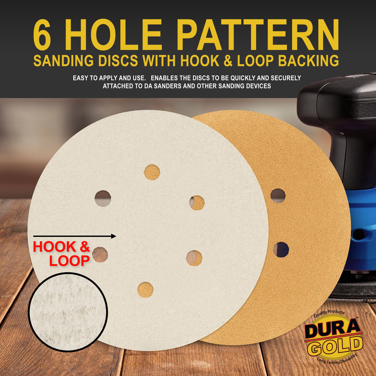 80 Grit - 6" Gold Hook & Loop 6-Hole Pattern Sanding Discs for DA Sanders - Box of 50