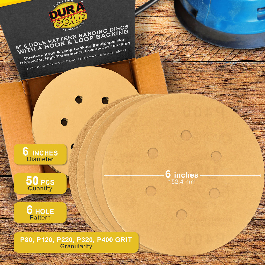 Variety Grit Pack - (80,120,220,320,400) - 6" Gold Hook & Loop 6-Hole Pattern Sanding Discs for DA Sanders - Box of 50