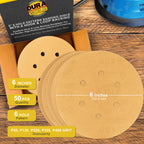 Variety Grit Pack - (80,120,220,320,400) - 6" Gold Hook & Loop 6-Hole Pattern Sanding Discs for DA Sanders - Box of 50