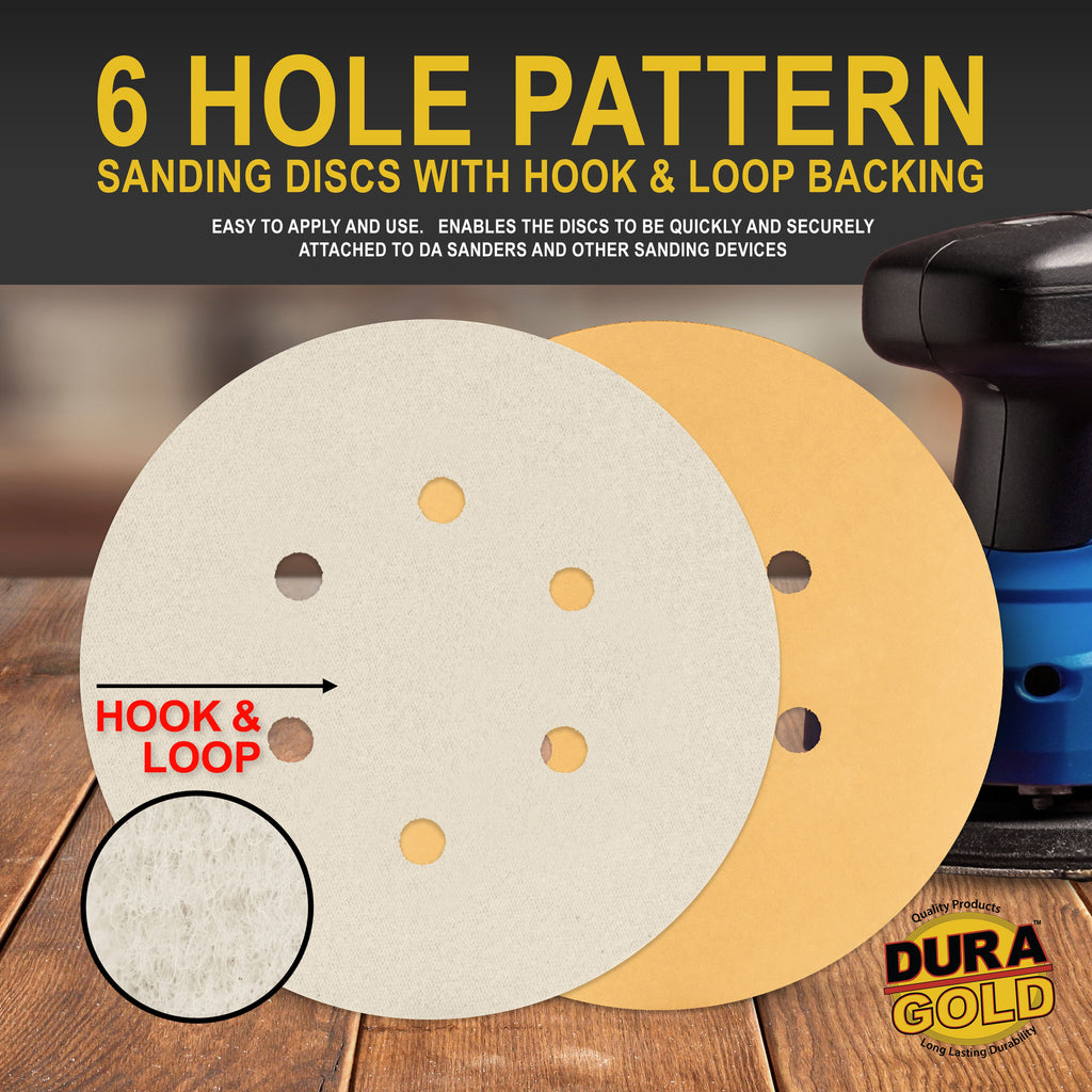 Variety Grit Pack - (80,120,220,320,400) - 6" Gold Hook & Loop 6-Hole Pattern Sanding Discs for DA Sanders - Box of 50