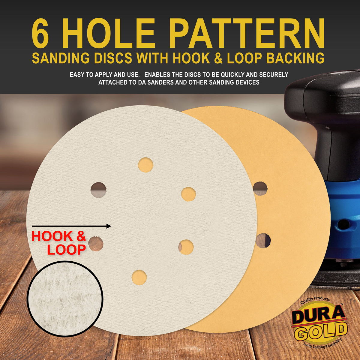 Variety Grit Pack - (80,120,220,320,400) - 6" Gold Hook & Loop 6-Hole Pattern Sanding Discs for DA Sanders - Box of 50