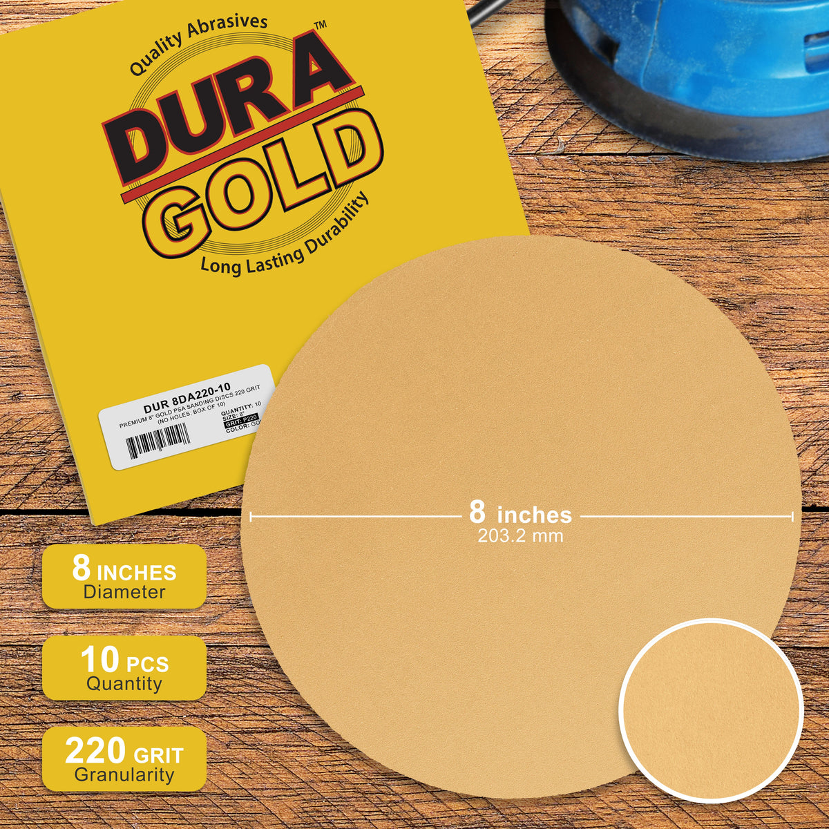 220 Grit - 8" Gold PSA Self Adhesive Stickyback Sanding Discs for DA Sanders - Box of 10