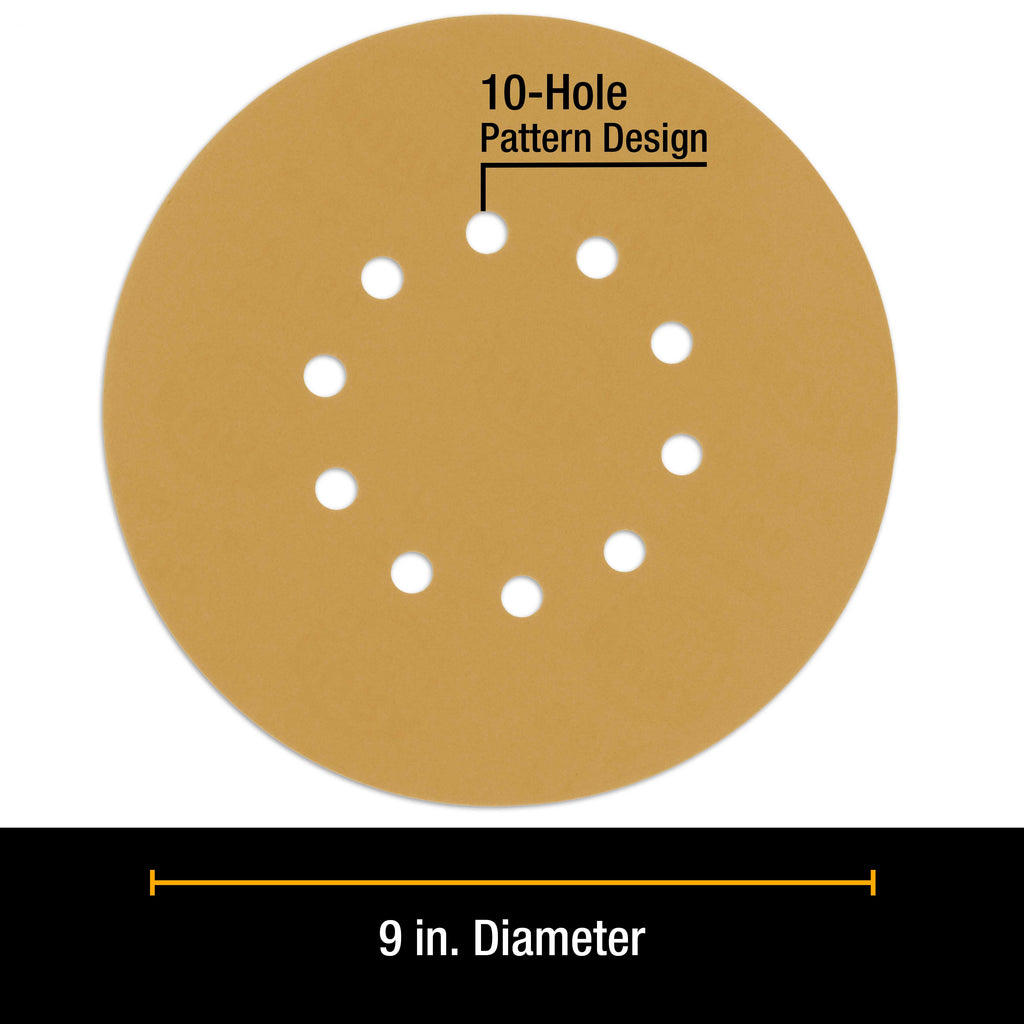 Premium 9" Drywall Sanding Discs - 120 Grit (Box of 10) - 10 Hole Pattern Hook & Loop Aluminum Oxide Sandpaper - For Power Sander, Sand Wood