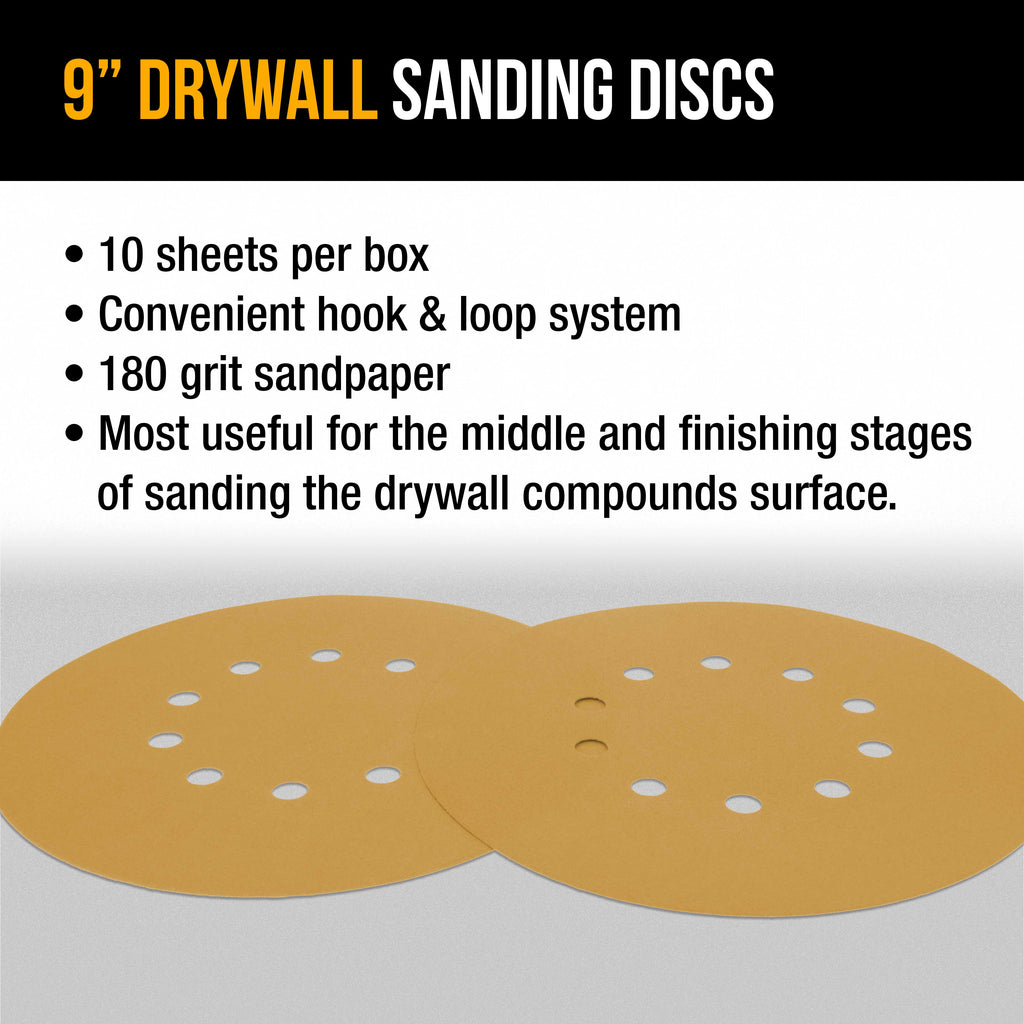 Premium 9" Drywall Sanding Discs - 180 Grit (Box of 10) - 10 Hole Pattern Hook & Loop Aluminum Oxide Sandpaper - For Power Sander, Sand Wood