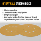 Premium 9" Drywall Sanding Discs - 240 Grit (Box of 10) - 10 Hole Pattern Hook & Loop Aluminum Oxide Sandpaper - For Power Sander, Sand Wood