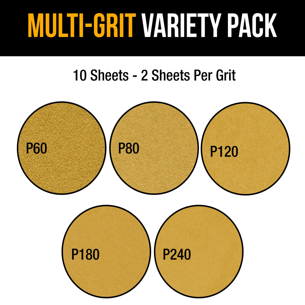 Premium 9" Drywall 10 Hole Pattern Sanding Discs Variety Pack - 60, 80, 120, 180, 240 Grit (2 Discs Each, 10 Total), Hook & Loop Sandpaper