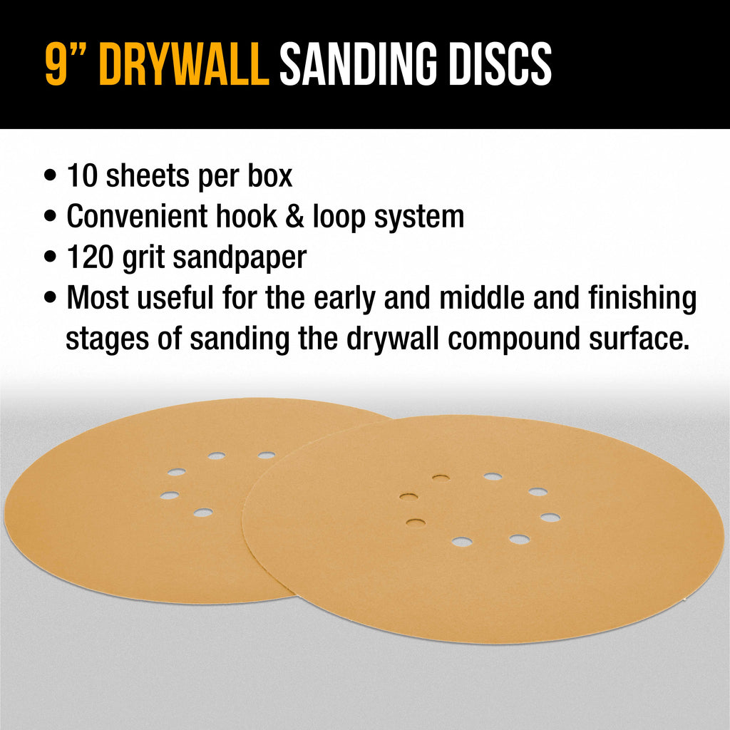 Premium 9" Drywall Sanding Discs - 120 Grit (Box of 10) - 8 Hole Pattern Hook & Loop Aluminum Oxide Sandpaper - For Power Sander, Sand Wood