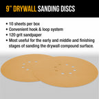 Premium 9" Drywall Sanding Discs - 120 Grit (Box of 10) - 8 Hole Pattern Hook & Loop Aluminum Oxide Sandpaper - For Power Sander, Sand Wood