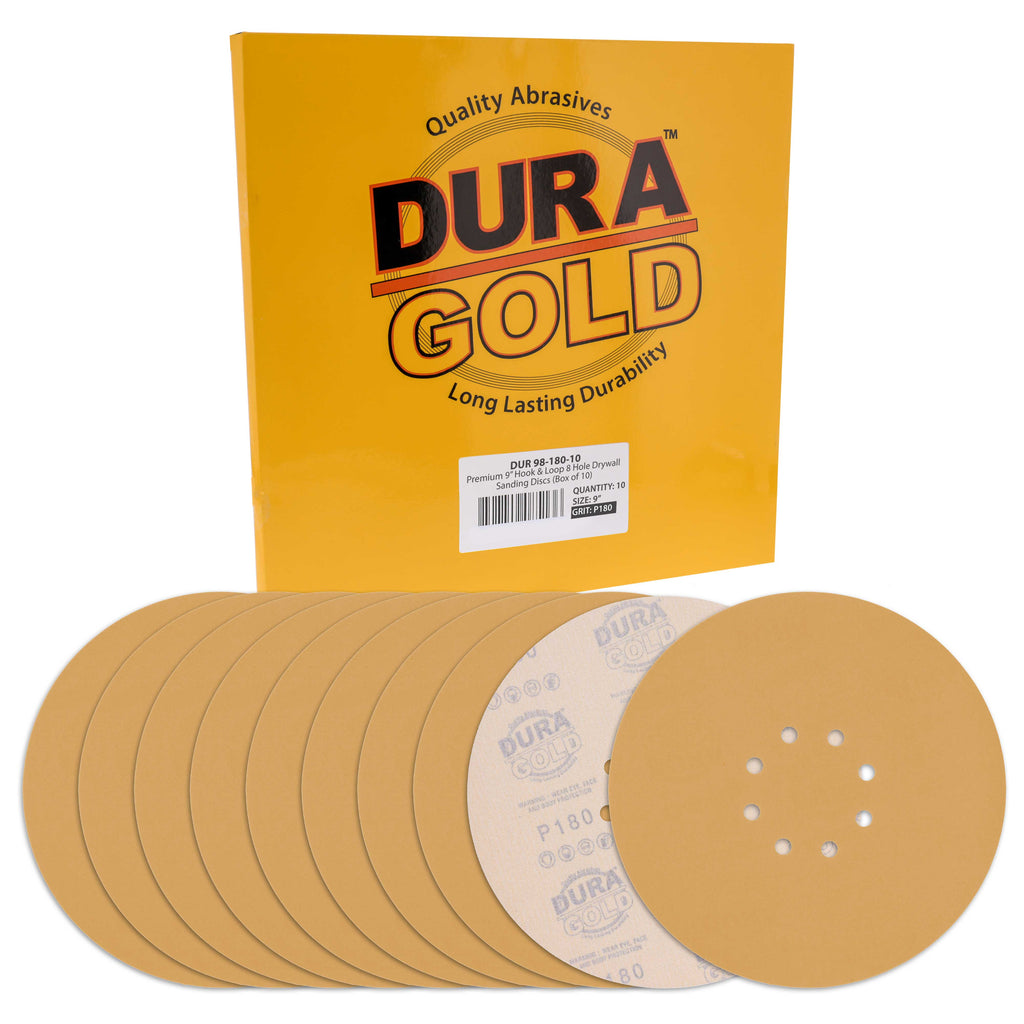Premium 9" Drywall Sanding Discs - 180 Grit (Box of 10) - 8 Hole Pattern Hook & Loop Aluminum Oxide Sandpaper - For Power Sander, Sand Wood
