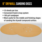 Premium 9" Drywall Sanding Discs - 180 Grit (Box of 10) - 8 Hole Pattern Hook & Loop Aluminum Oxide Sandpaper - For Power Sander, Sand Wood