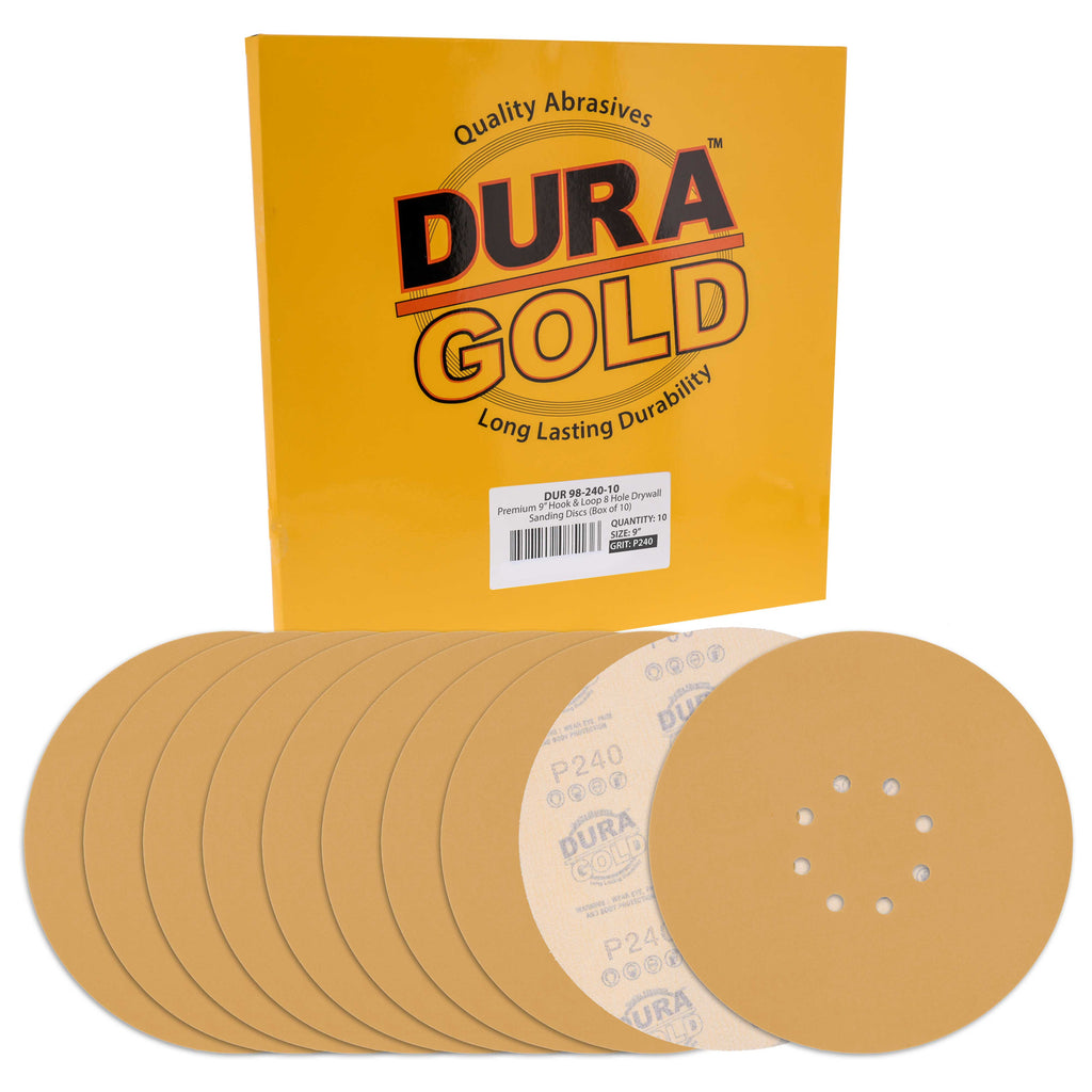 Premium 9" Drywall Sanding Discs - 240 Grit (Box of 10) - 8 Hole Pattern Hook & Loop Aluminum Oxide Sandpaper - For Power Sander, Sand Wood