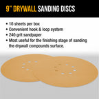 Premium 9" Drywall Sanding Discs - 240 Grit (Box of 10) - 8 Hole Pattern Hook & Loop Aluminum Oxide Sandpaper - For Power Sander, Sand Wood