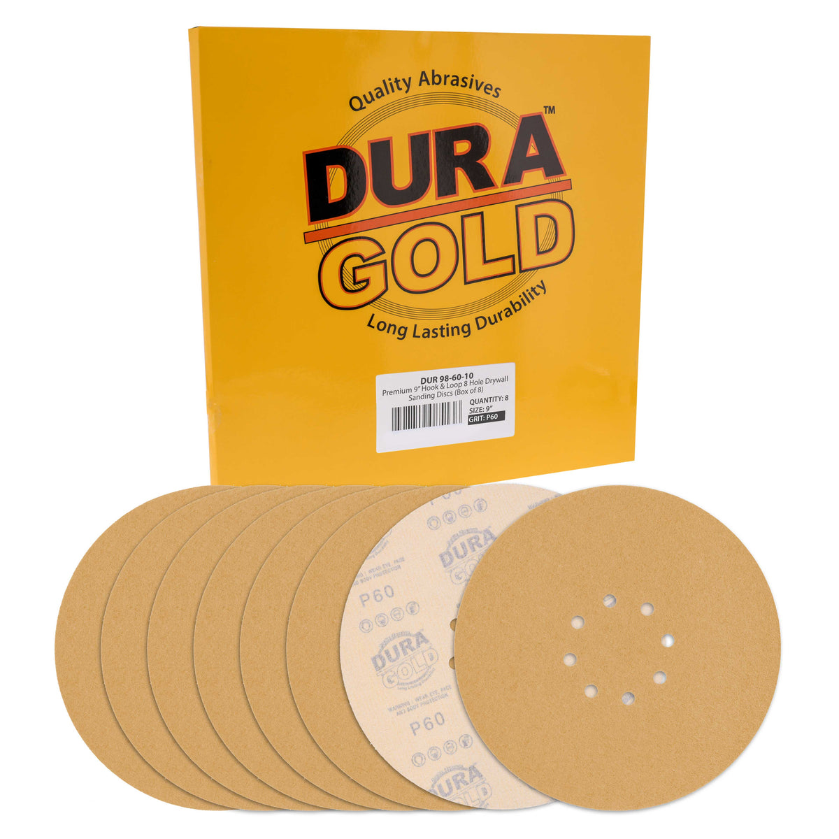 Premium 9" Drywall Sanding Discs - 60 Grit (Box of 8) - 8 Hole Pattern Hook & Loop Aluminum Oxide Sandpaper - For Power Sander, Sand Wood