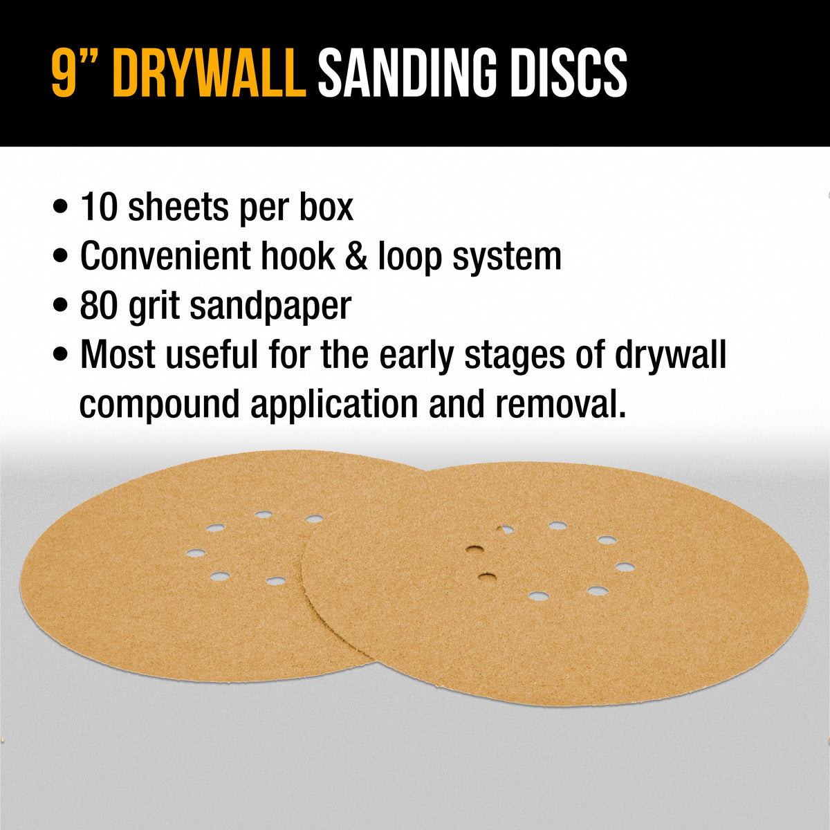 Premium 9" Drywall Sanding Discs - 80 Grit (Box of 10) - 8 Hole Pattern Hook & Loop Aluminum Oxide Sandpaper - For Power Sander, Sand Wood