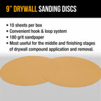 Premium 9" Drywall Sanding Discs, 180 Grit (Box of 10), Sandpaper Discs with Hook & Loop Backing, Aluminum Oxide Abrasive, For Power Sanders