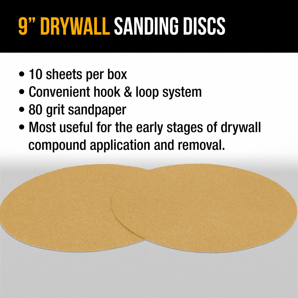 Premium 9" Drywall Sanding Discs, 80 Grit (Box of 10), Sandpaper Discs with Hook & Loop Backing, Aluminum Oxide Abrasive, For Power Sanders
