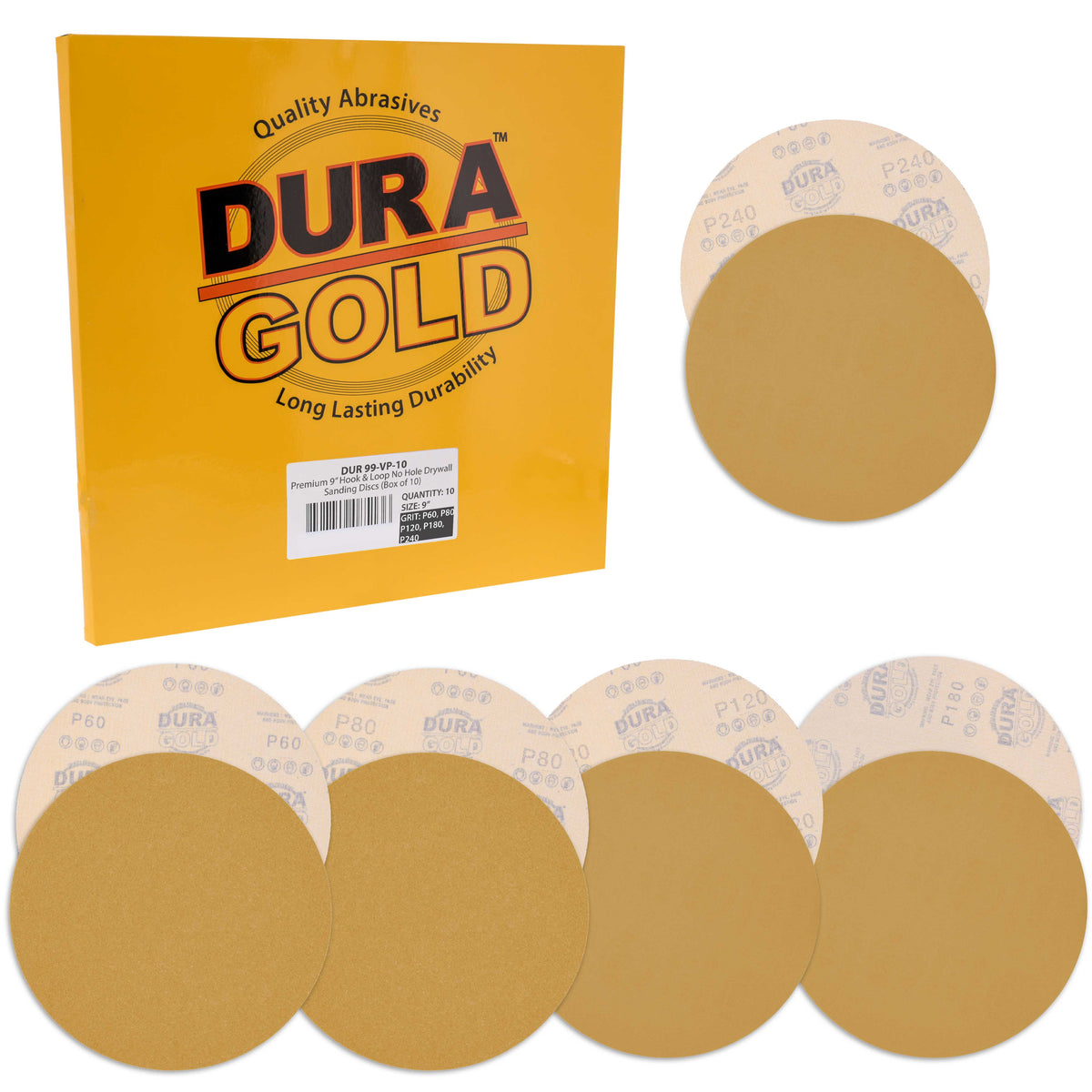 Premium 9" Drywall Sanding Disc Variety Pack Box - 60, 80, 120, 180, 240 Grit (2 Discs Each, 10 Total), Hook & Loop Aluminum Oxide Sandpaper