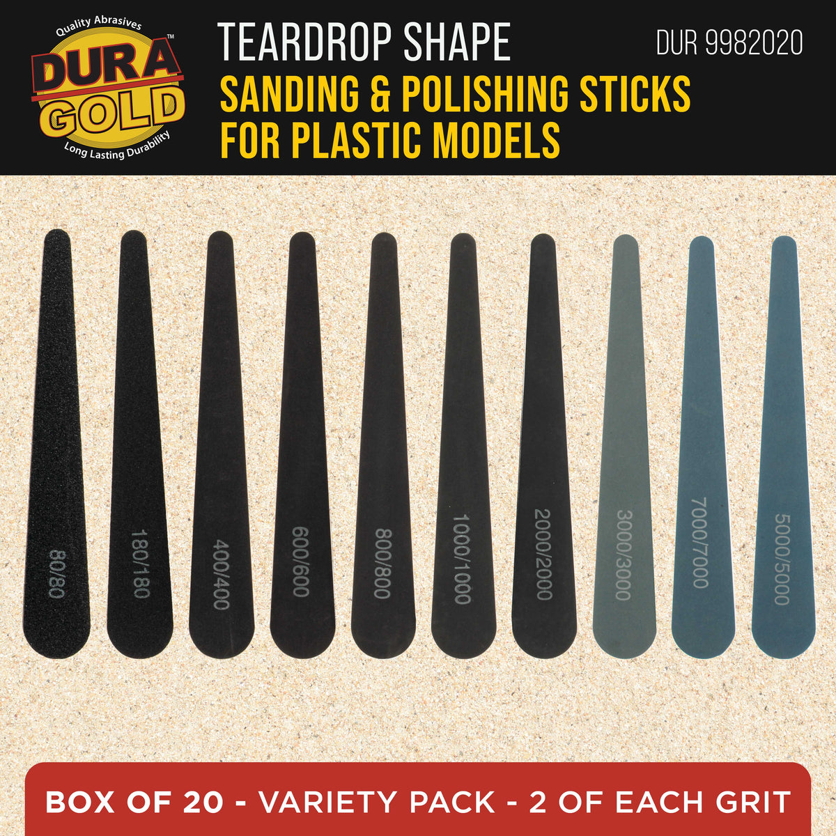 Sanding Sticks and Polishing Sticks for Plastic Models, Pack of 20 - 2 Each of 10 Grits, Coarse 80 to Super-Fine 7000 Grit, Water Drop Style
