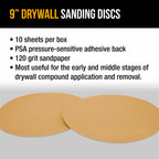 Premium 9" PSA Drywall Sanding Discs - 120 Grit (Box of 10) - Self Adhesive Aluminum Oxide Abrasive Sandpaper - For Drywall Power Sander