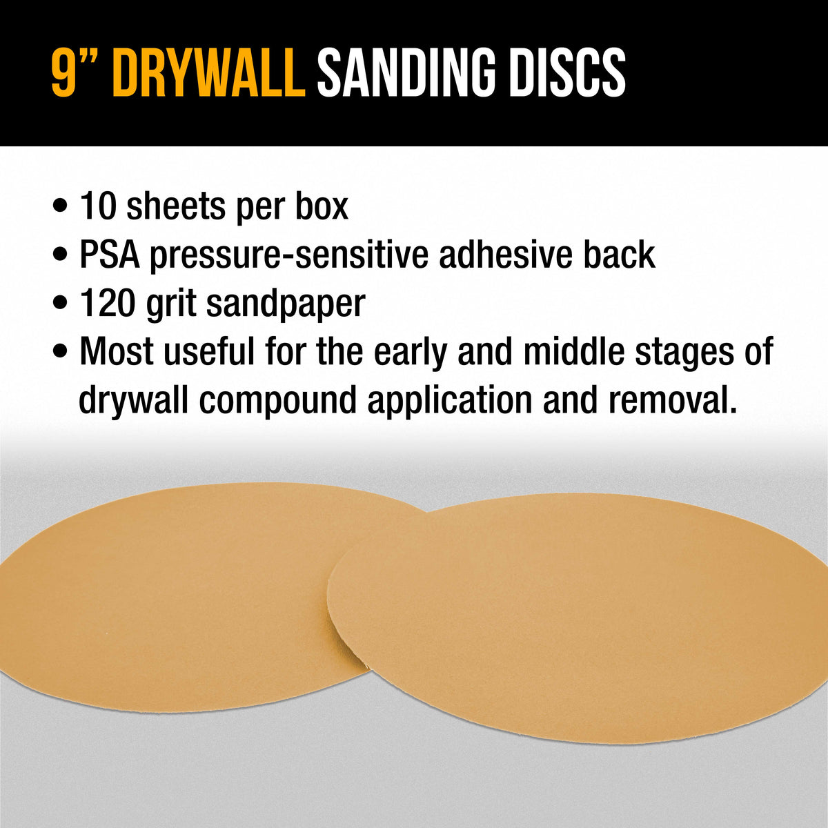 Premium 9" PSA Drywall Sanding Discs - 120 Grit (Box of 10) - Self Adhesive Aluminum Oxide Abrasive Sandpaper - For Drywall Power Sander