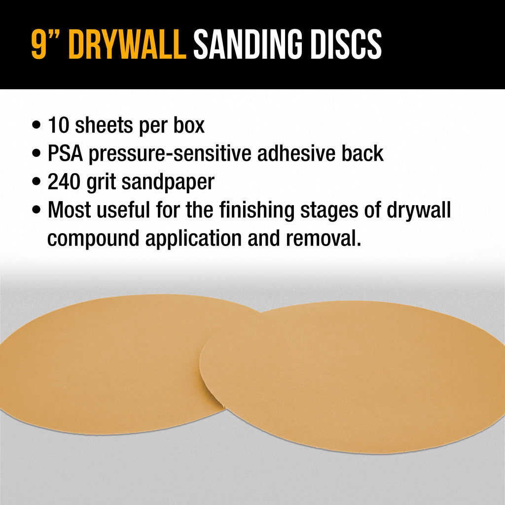 Premium 9" PSA Drywall Sanding Discs - 240 Grit (Box of 10) - Self Adhesive Aluminum Oxide Abrasive Sandpaper - For Drywall Power Sander