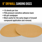 Premium 9" PSA Drywall Sanding Discs - 80 Grit (Box of 10) - Self Adhesive Aluminum Oxide Abrasive Sandpaper - For Drywall Power Sander
