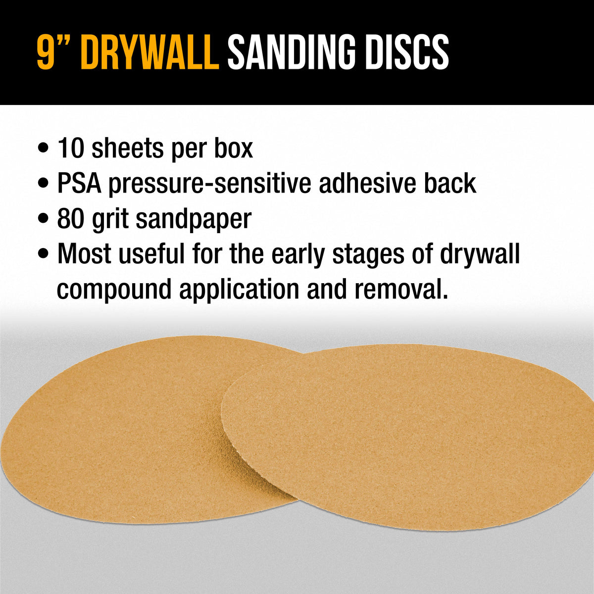 Premium 9" PSA Drywall Sanding Discs - 80 Grit (Box of 10) - Self Adhesive Aluminum Oxide Abrasive Sandpaper - For Drywall Power Sander