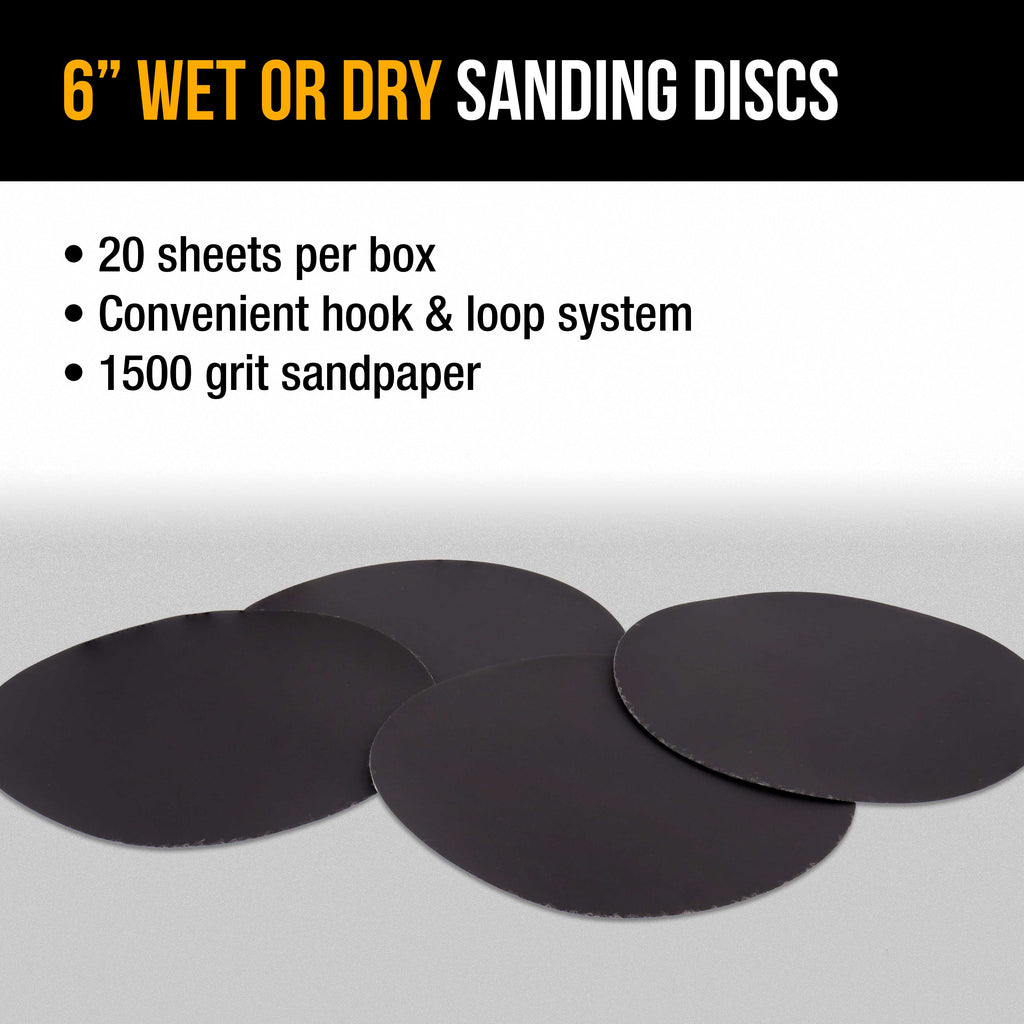 Premium 6" Wet or Dry Sanding Discs - 1500 Grit (Box of 20) - Sandpaper Discs, Hook & Loop Backing, Silicon Carbide Cutting - Orbital Sander