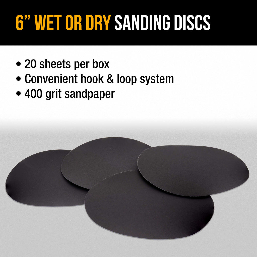 Premium 6" Wet or Dry Sanding Discs - 400 Grit (Box of 20) - Sandpaper Discs, Hook & Loop Backing - Silicon Carbide Cutting - Orbital Sander