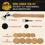 Woodturning Bowl Sander Tool Kit - 1" & 2" Hook & Loop Backing Pads, 50 Sanding Discs (60 to 320 Grit), Dual Bearing, Hardwood Handle, 1/4" Mandrel, Sandpaper Woodworking