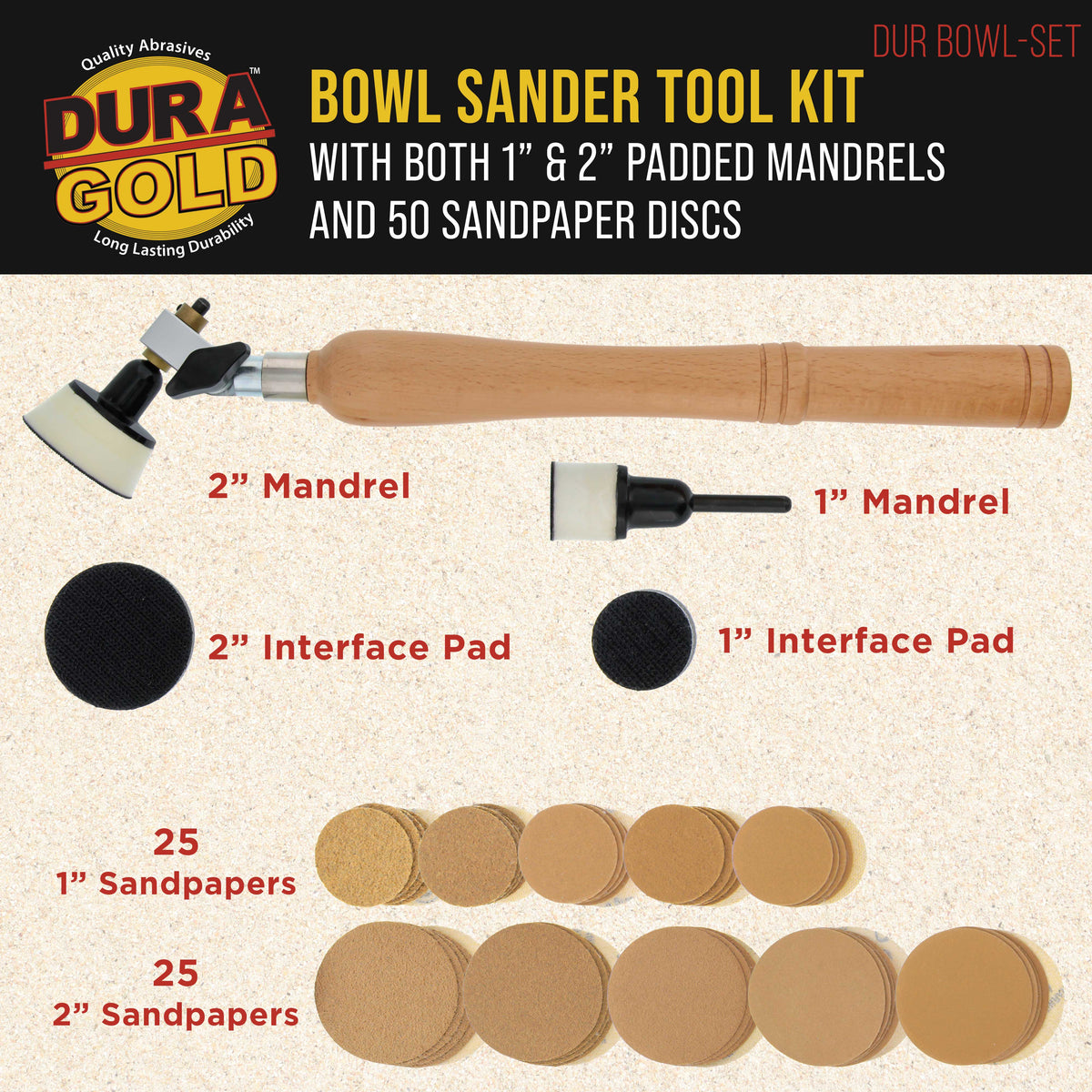 Woodturning Bowl Sander Tool Kit - 1" & 2" Hook & Loop Backing Pads, 50 Sanding Discs (60 to 320 Grit), Dual Bearing, Hardwood Handle, 1/4" Mandrel, Sandpaper Woodworking