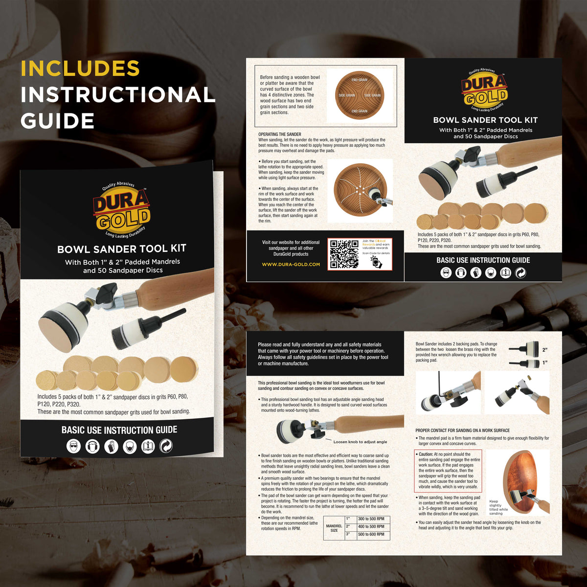 Woodturning Bowl Sander Tool Kit - 1" & 2" Hook & Loop Backing Pads, 50 Sanding Discs (60 to 320 Grit), Dual Bearing, Hardwood Handle, 1/4" Mandrel, Sandpaper Woodworking