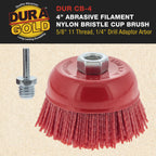 4" Abrasive Filament Nylon Bristle Cup Brush - 5/8" 11 Thread, 1/4" Hex Drill Shank Arbor, Coarse Grit Angle Grinder Brush for Truck Bed Liner Surface Prep, Sanding, Rust & Paint Removal