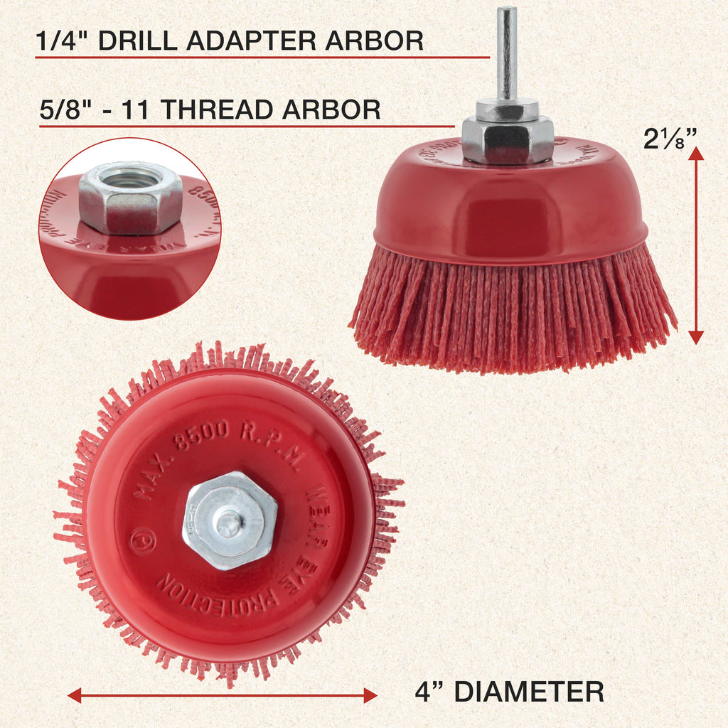 4" Abrasive Filament Nylon Bristle Cup Brush - 5/8" 11 Thread, 1/4" Hex Drill Shank Arbor, Coarse Grit Angle Grinder Brush for Truck Bed Liner Surface Prep, Sanding, Rust & Paint Removal