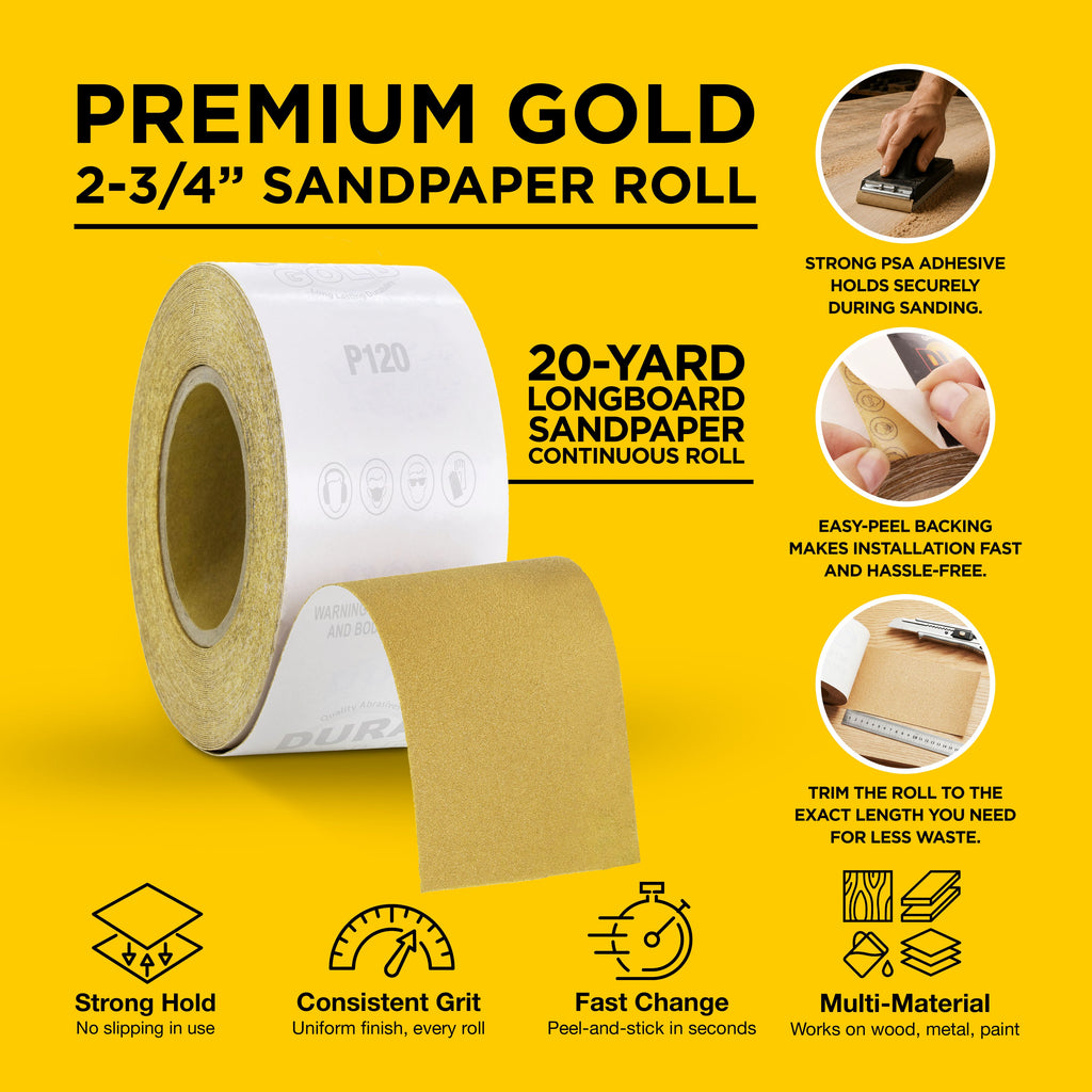 120 Grit Gold - Longboard Continuous Roll PSA Stickyback Self Adhesive Sandpaper 20 Yards Long by 2-3/4" Wide