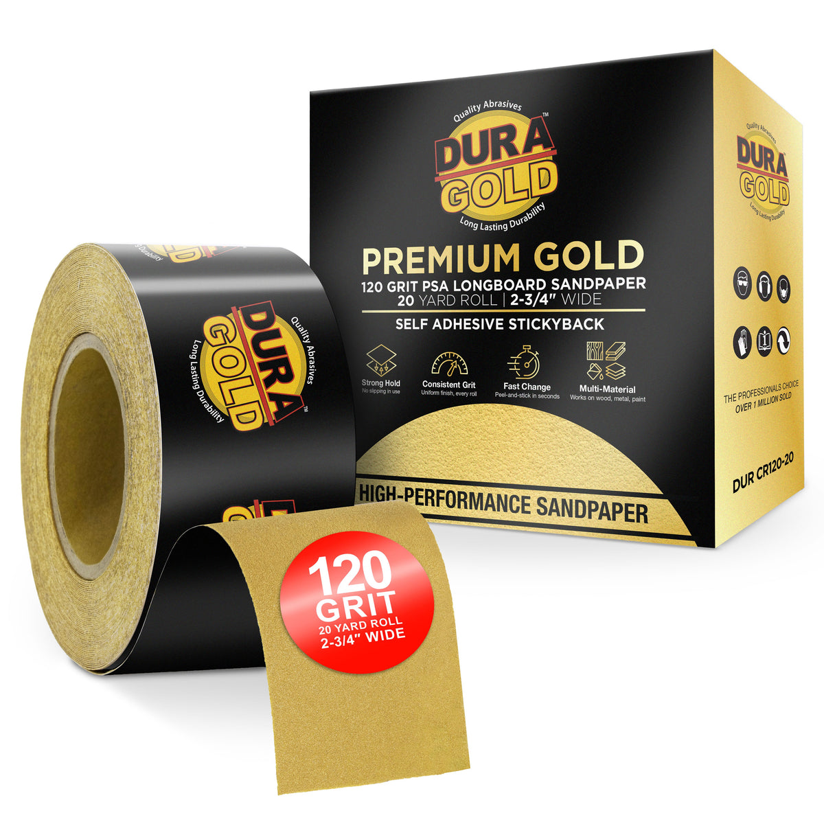 120 Grit Gold - Longboard Continuous Roll PSA Stickyback Self Adhesive Sandpaper 20 Yards Long by 2-3/4" Wide