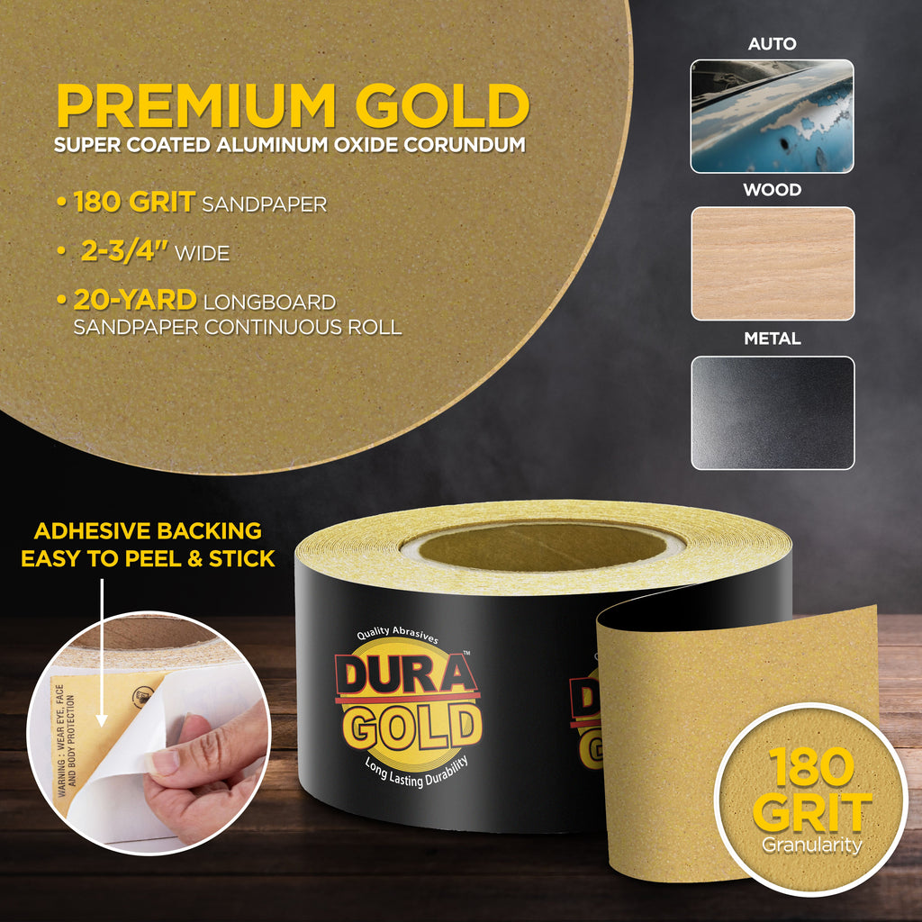 180 Grit Gold - Longboard Continuous Roll PSA Stickyback Self Adhesive Sandpaper 20 Yards Long by 2-3/4" Wide