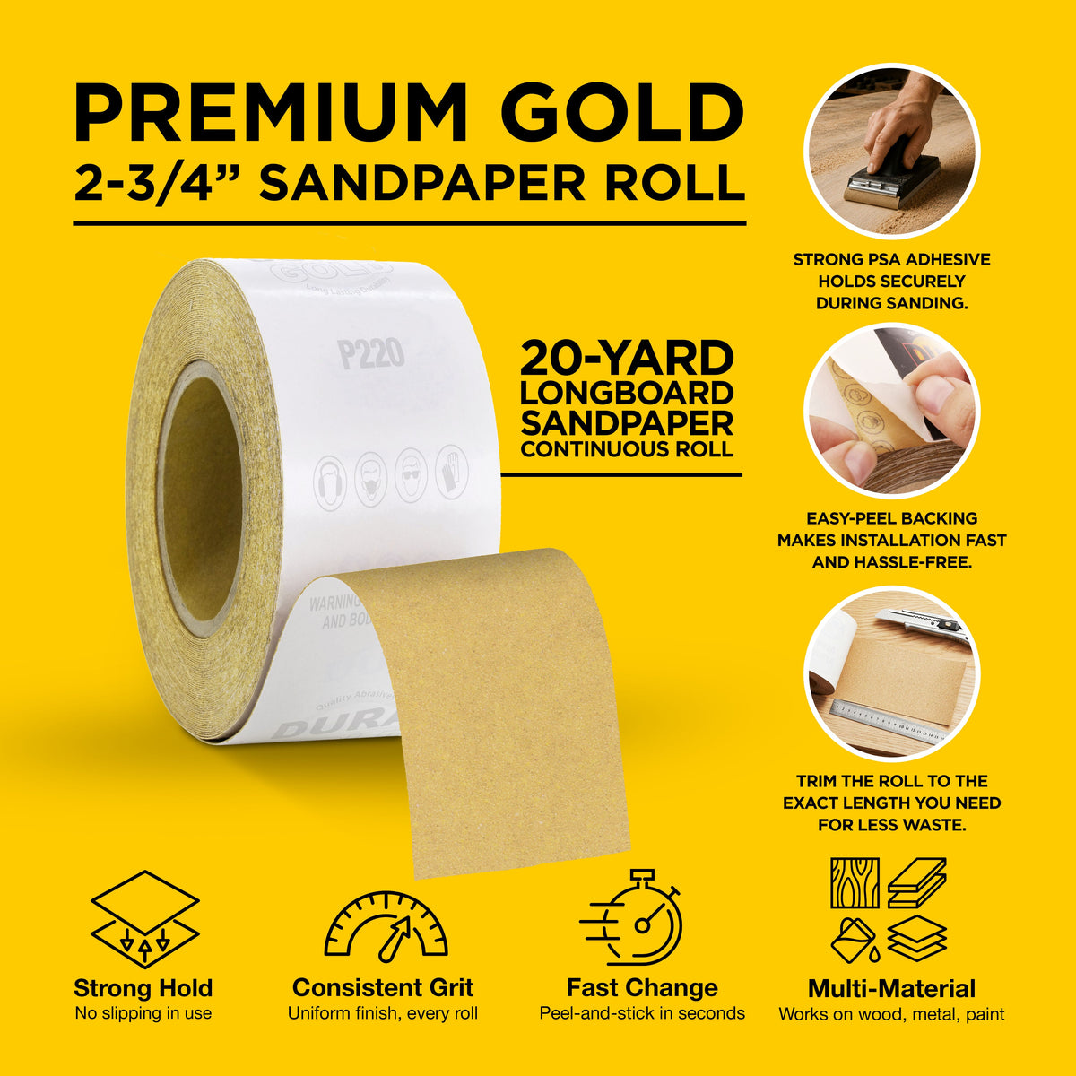 220 Grit Gold - Longboard Continuous Roll PSA Stickyback Self Adhesive Sandpaper 20 Yards Long by 2-3/4" Wide