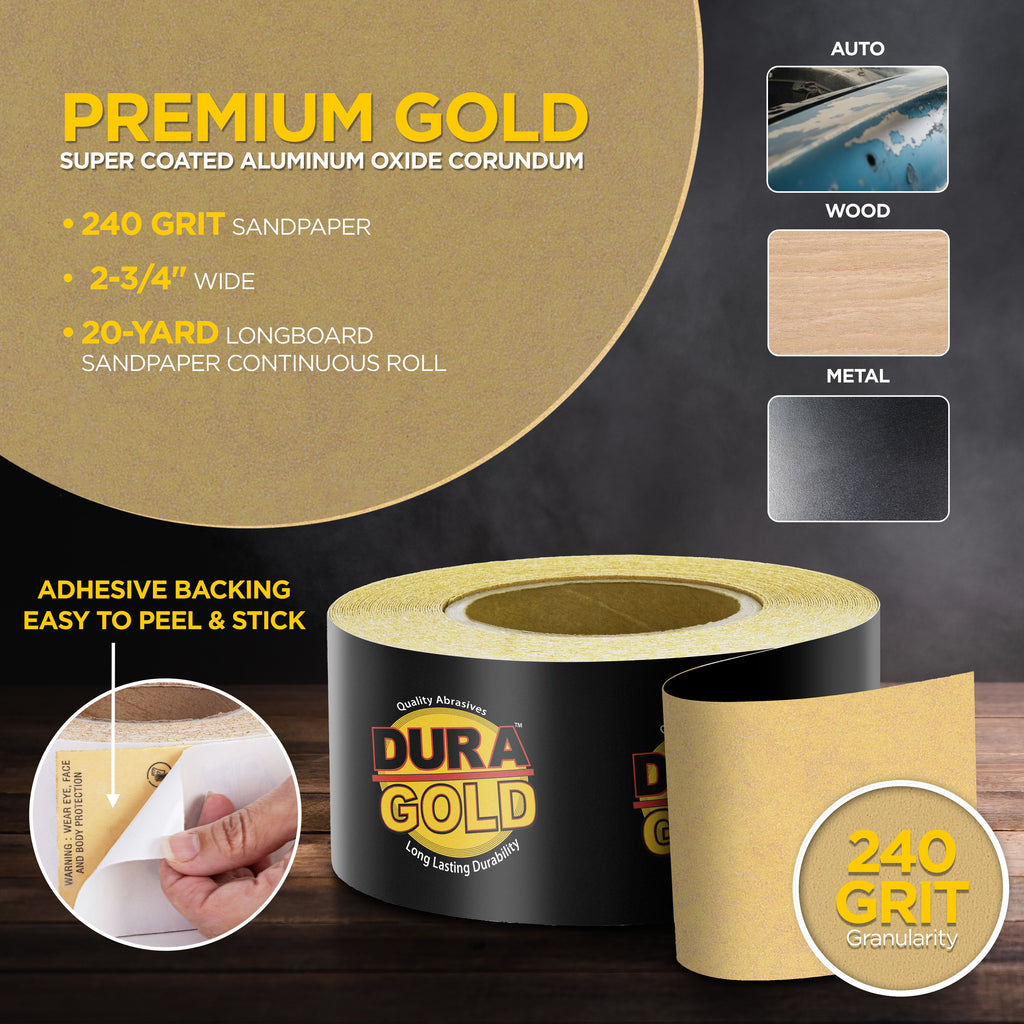 240 Grit Gold - Longboard Continuous Roll PSA Stickyback Self Adhesive Sandpaper 20 Yards Long by 2-3/4" Wide