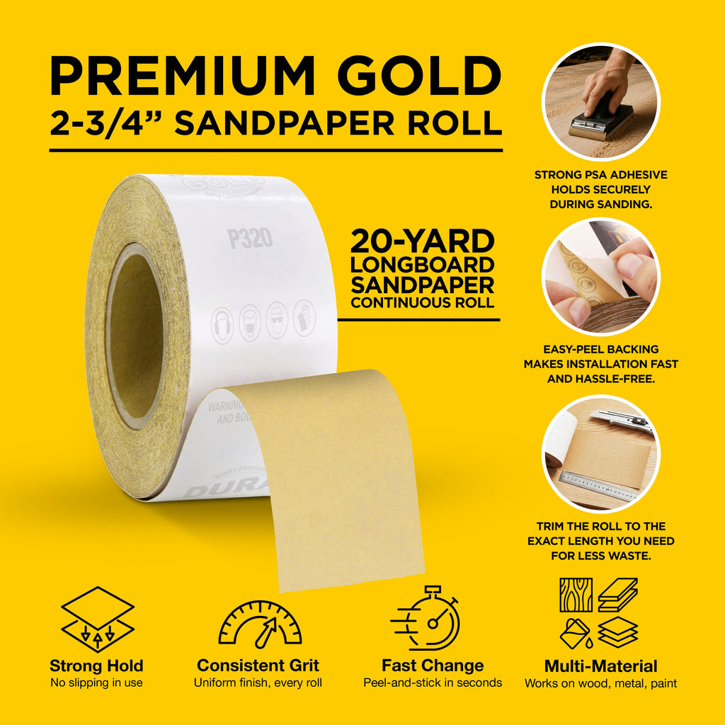 320 Grit Gold - Longboard Continuous Roll PSA Stickyback Self Adhesive Sandpaper 20 Yards Long by 2-3/4" Wide