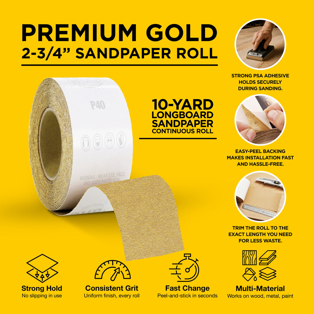 60 Grit Gold - Longboard Continuous Roll PSA Stickyback Self Adhesive Sandpaper 10 Yards Long by 2-3/4" Wide