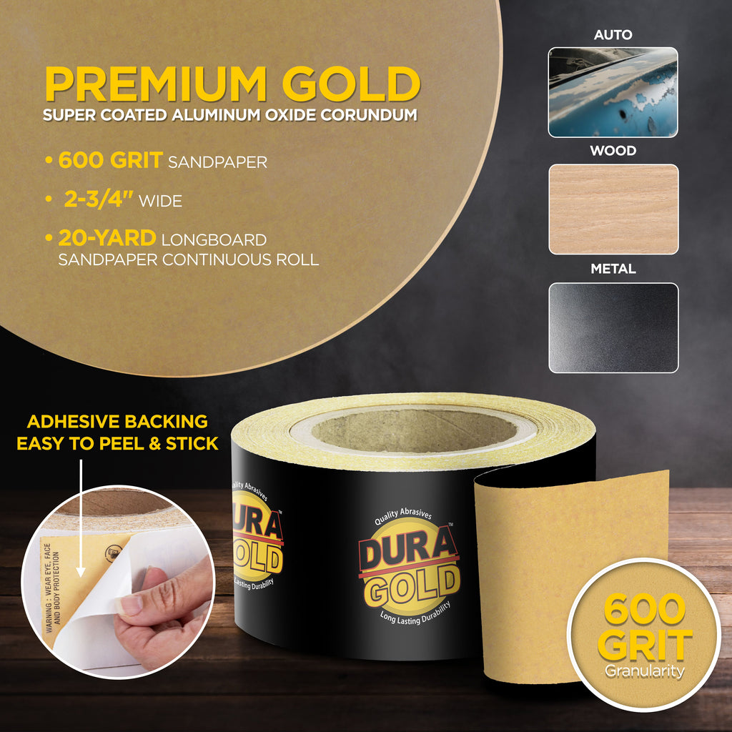 600 Grit Gold - Longboard Continuous Roll PSA Stickyback Self Adhesive Sandpaper 20 Yards Long by 2-3/4" Wide