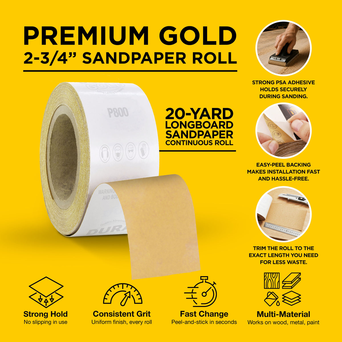 800 Grit Gold - Longboard Continuous Roll PSA Stickyback Self Adhesive Sandpaper 20 Yards Long by 2-3/4" Wide
