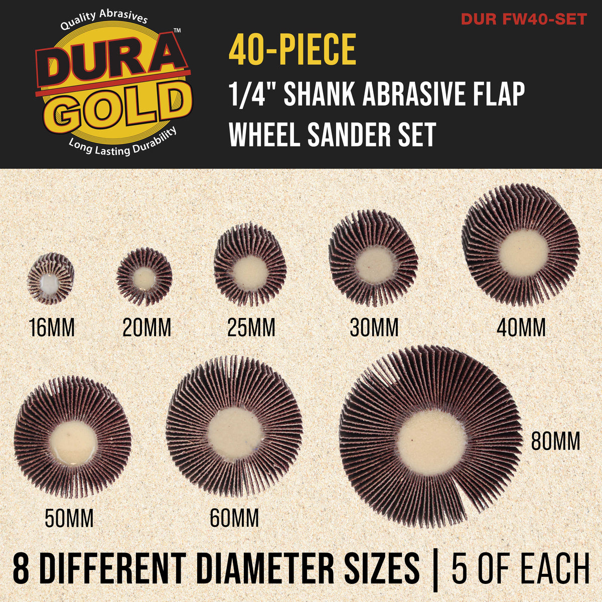 40-Piece Flap Wheel Sander Set with 1/4" Shank - 80 Grit Aluminum Oxide Sanding Wheels for Drill - 8 Cylindrical Sizes Flapper Wheels for Metal, Wood & Paint Removal - Die Grinder Compatible