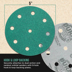 60 Grit 5" Green Film Sanding Discs, 9-Hole Pattern, Box of 25 - Heavy-Duty Dustless Hook & Loop Backing Sandpaper for DA & Random Orbital Sanders, Sand Auto Paint, Wood, Furniture