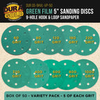 5" Green Film Sanding Discs, 9-Hole Pattern, 50 Disc Variety Pack, Grits 60, 80, 120, 180, 220, 320, 400, 600, 800, 1000 - Heavy-Duty Hook & Loop Sandpaper, DA, Random Orbital Sander