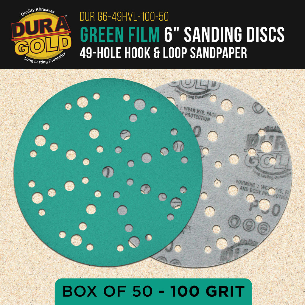 100 Grit 6" Green Film Sanding Discs, 49-Hole Pattern, Box of 50 - Heavy-Duty Dustless Hook & Loop Backing Sandpaper for DA & Random Orbital Sanders, Sand Auto Paint, Wood Furniture