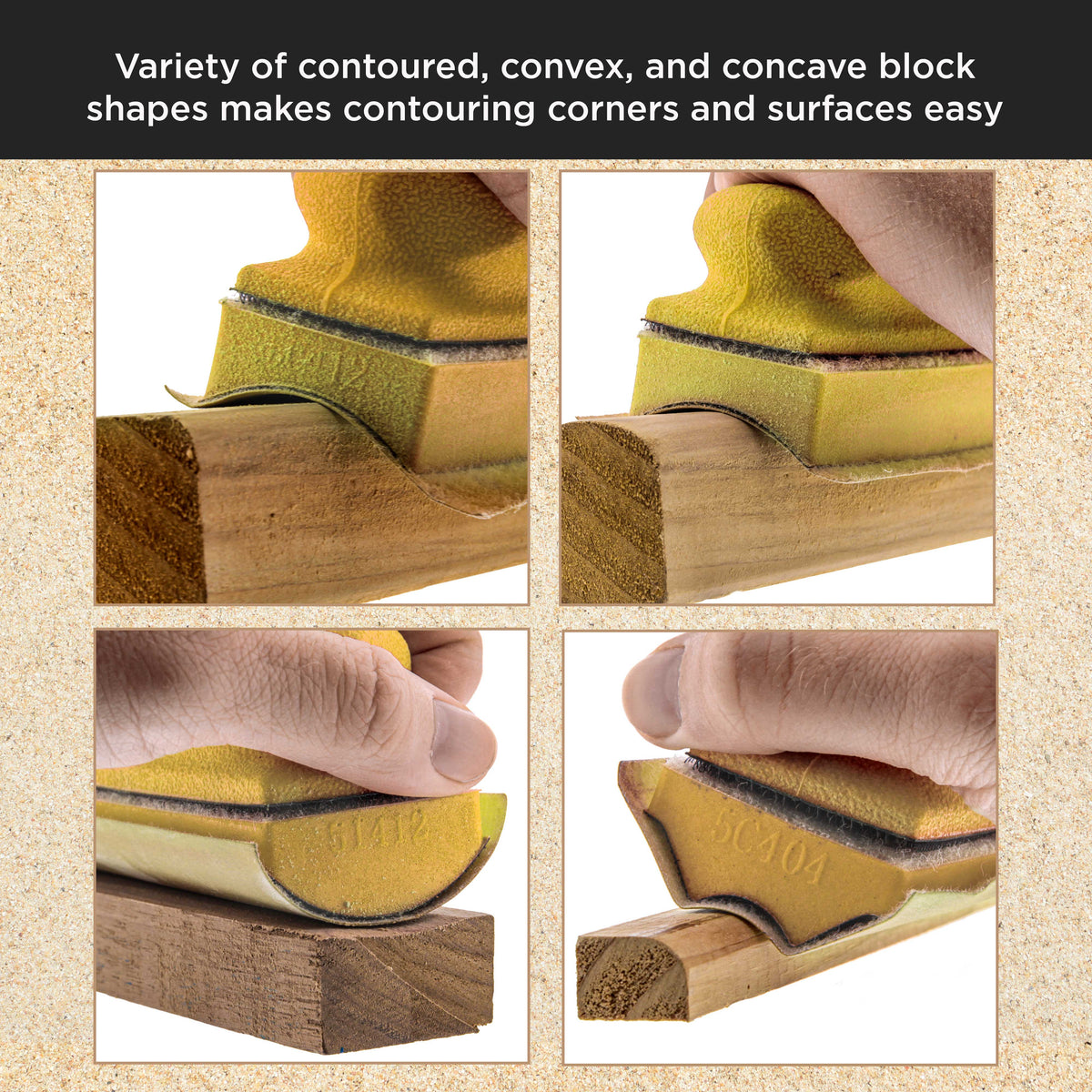 12-Piece Contoured Profile 4" Hand Sanding Block Set with 40 Sheet Hook & Loop Sandpaper Kit, Interchangeable Assorted Convex Concave Shapes