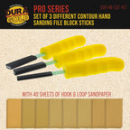 Set of 3 Different Contour Hand Sanding File Block Sticks with 40 Sheet Hook & Loop Sandpaper Kit - Flat Convex Radius Profile Shapes